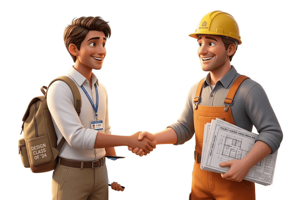 Student and builder shaking hands